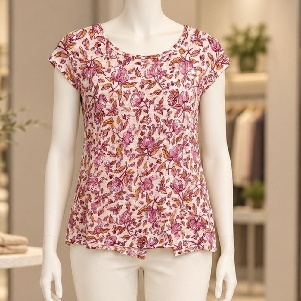 Haute Hippie Style Womens Top Floral Linen Button Back Cap Sleeve Pink Medium